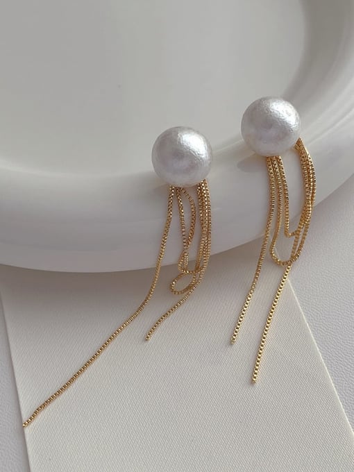 N308 cotton pearl ear thread Brass Tassel Minimalist Threader Earring (Front And Back)