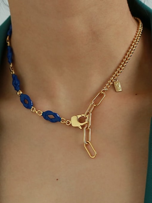 Blue oil drop necklace Brass Enamel Geometric Vintage Necklace