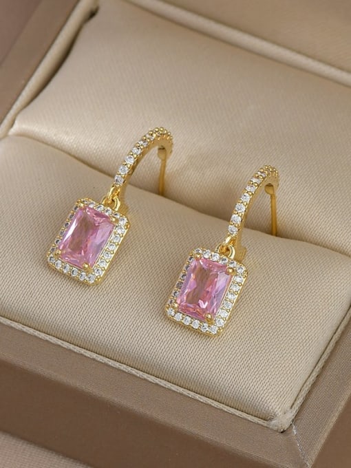 Gold ED65510 Brass Cubic Zirconia Pink Geometric Dainty Drop Earring