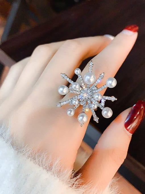 Papara Alloy +Imitation Pearl White Geometric With Snowflake  Trend Statement Ring/Free Size Ring 1