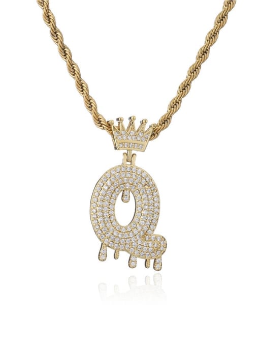 Q Brass Cubic Zirconia Crown Hip Hop Letter Pendant Necklace