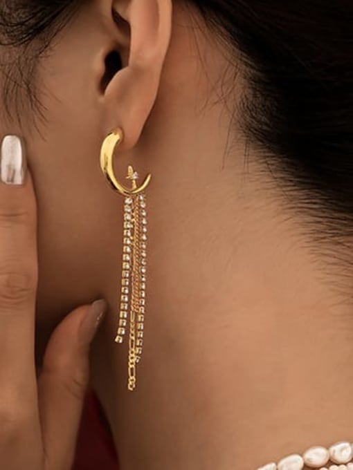 ACCA Brass Star Moon Tassel Vintage Threader Earring 1