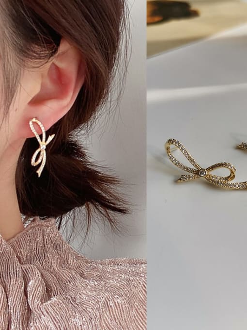 HYACINTH Copper Rhinestone Bowknot Cute Stud Trend Korean Fashion Earring 1