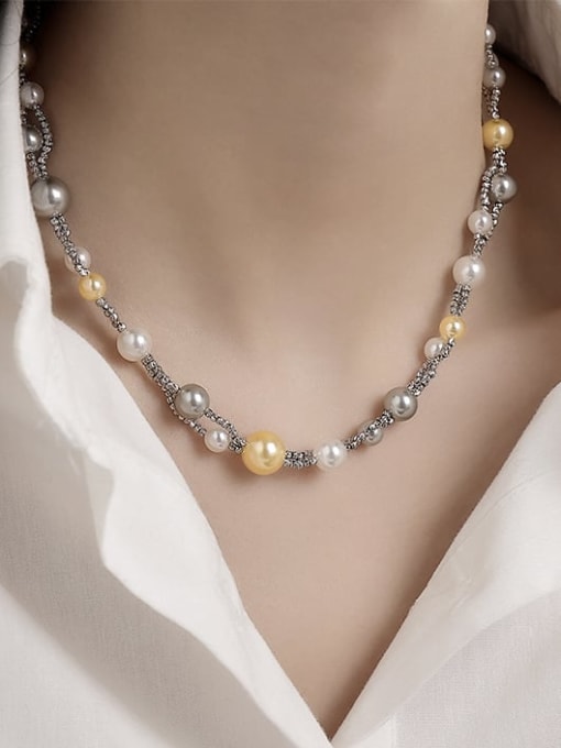 Five Color Brass Imitation Pearl Irregular Minimalist Multi Strand  Beaded Necklace 1