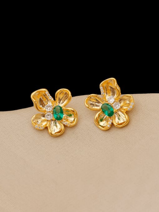 gold Brass Cubic Zirconia Flower Trend Stud Earring