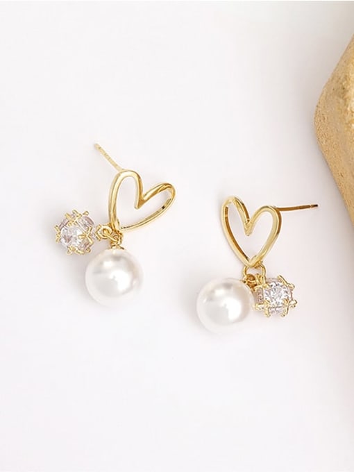 14K gold Copper Imitation Pearl Hollow  Heart Cute Stud Trend Korean Fashion Earring