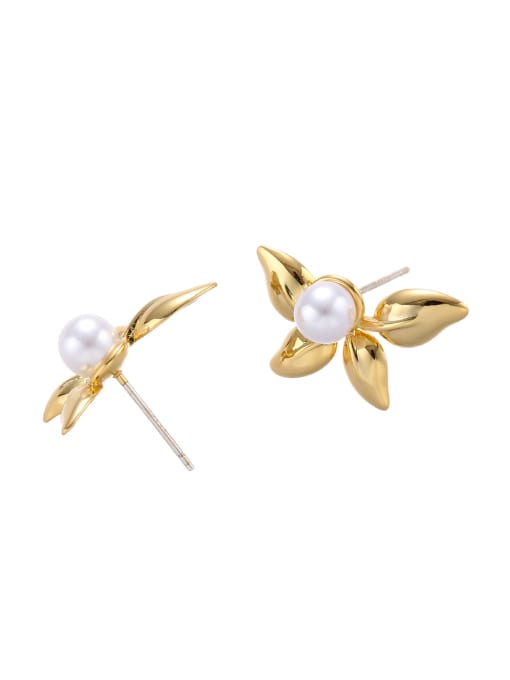 ACCA Brass Imitation Pearl Leaf Minimalist Stud Earring