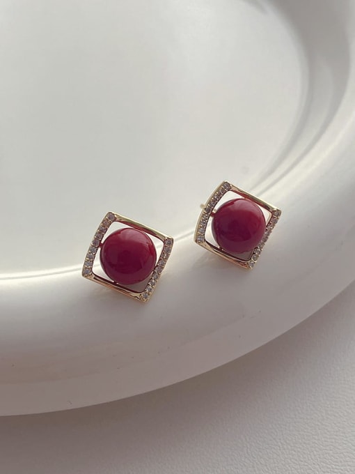 Red square pearl earrings Brass Imitation Pearl Geometric Minimalist Stud Earring