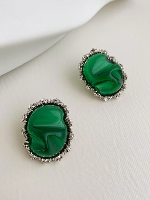 Diamond studded resin Crystal Earrings 925 Sterling Silver Resin Green Geometric Vintage Stud Earring
