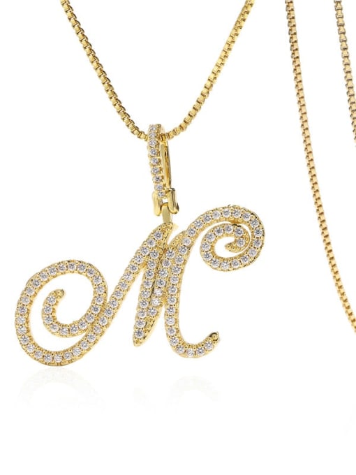M Brass Cubic Zirconia Vintage  Letter  Pendant Necklace