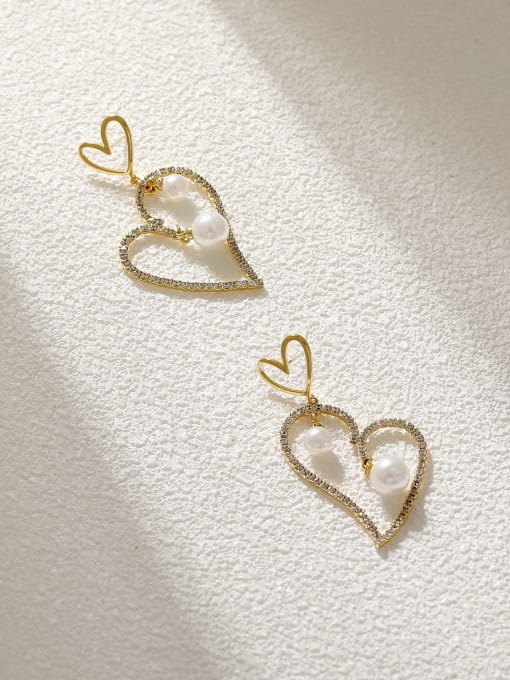 14k Gold Brass Cubic Zirconia Heart Vintage Drop Earring