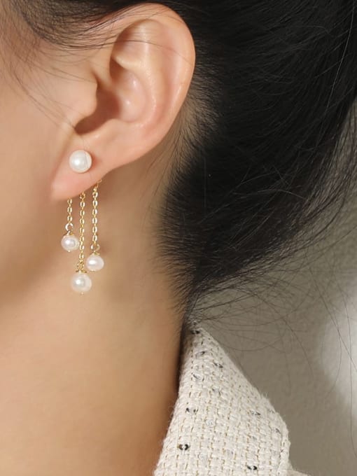 HYACINTH Brass Imitation Pearl Tassel Minimalist Drop Earring 1