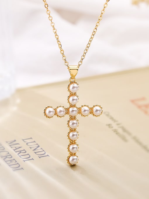 23373 Brass Imitation Pearl Cross Trend Necklace