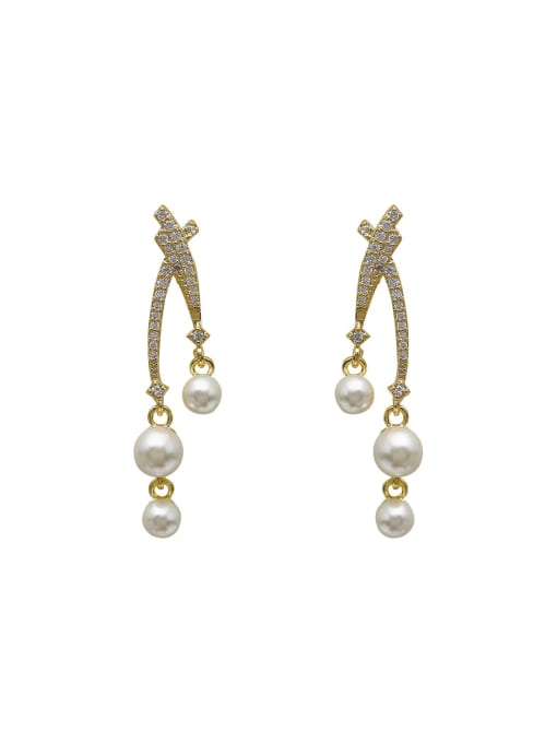 HYACINTH Brass Imitation Pearl Cross Vintage Drop Earring 0