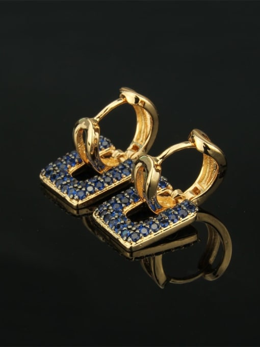 Gold Plated Blue Zircon Brass Cubic Zirconia Square Luxury Huggie Earring