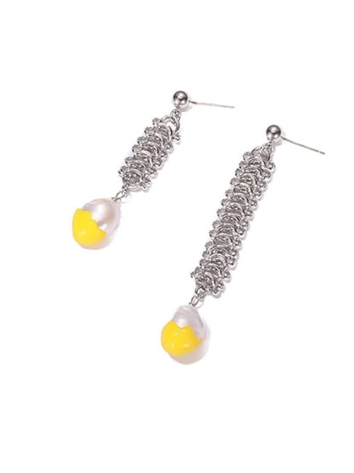 Yellow oil drop asymmetric Earrings Brass Imitation Pearl Geometric Vintage Drop Earring