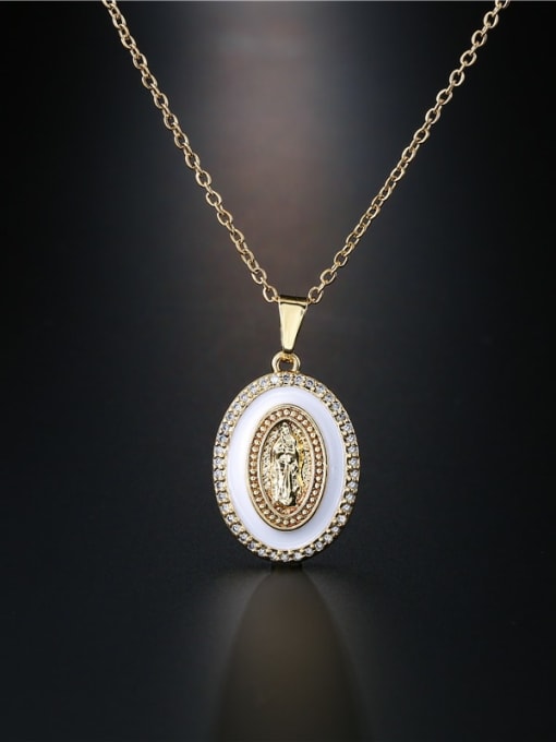 AOG Brass Cubic Zirconia Enamel Oval Vintage Virgin mary Pendant Necklace 1