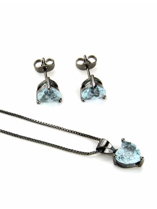 Black plated Blue Zircon Brass Heart Cubic Zirconia Earring and Necklace Set
