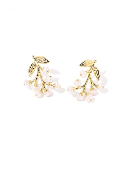 Grape Golden Branch Brass Imitation Pearl Leaf Hip Hop Stud Earring