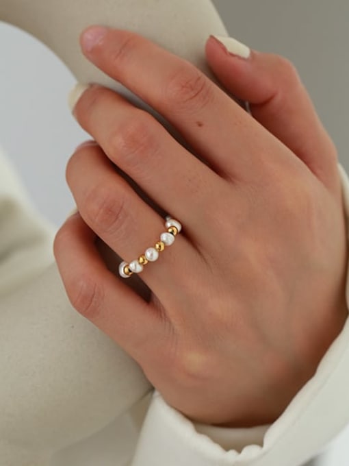 Five Color Brass Freshwater Pearl Geometric Minimalist Band Ring 2