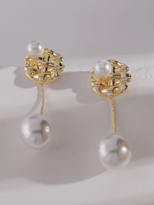 14k GOLD Brass Imitation Pearl Geometric Vintage Drop Earring