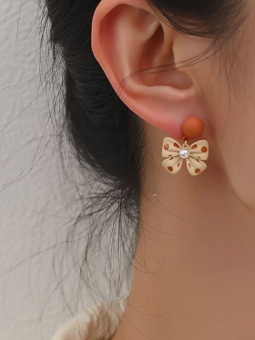 HYACINTH Brass Imitation Pearl Enamel Bowknot Cute Drop Earring 1