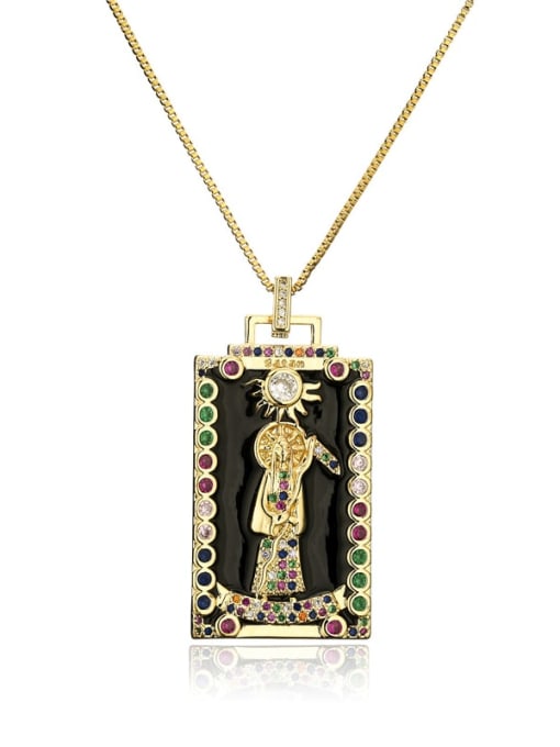 21076 Brass Rhinestone Enamel Rectangle Vintage Priest Pendant Necklace