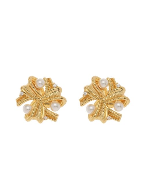 Five Color Brass Imitation Pearl Flower Vintage Stud Earring 2