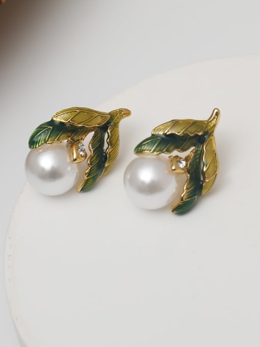 16k gold +green Brass Enamel Wheatear Minimalist Stud Earring
