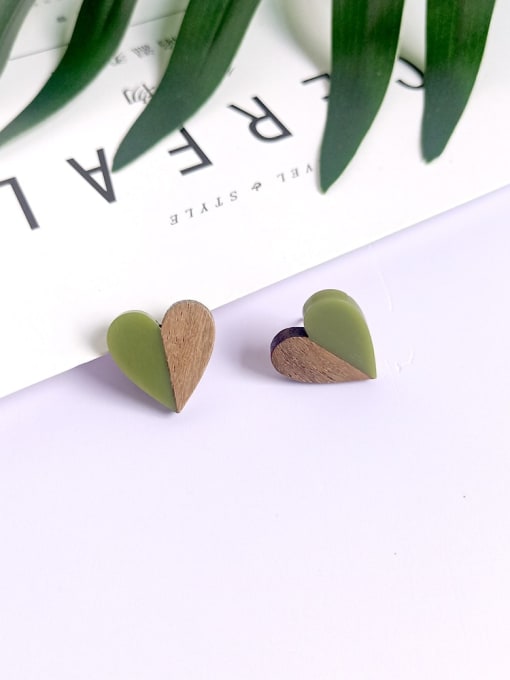 Green love shaped wood resin splicing Resin Heart Vintage wood color matching Stud Earring/Multi-Color Optional