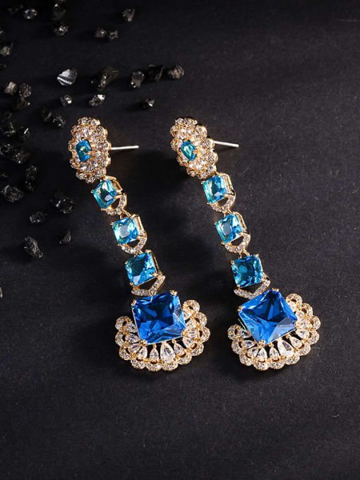 blue Brass Cubic Zirconia Flower Luxury Drop Earring