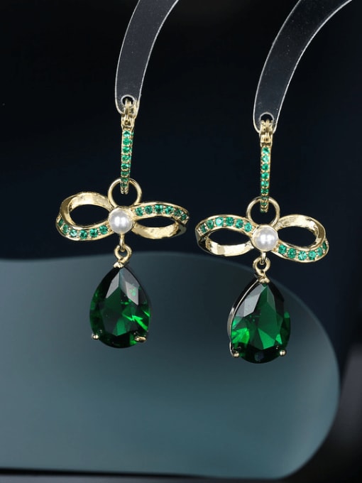 green Brass Cubic Zirconia Bowknot Luxury Cluster Earring