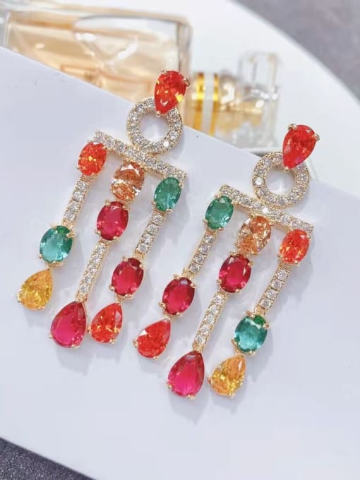 Colorful Zircon Earrings Brass Cubic Zirconia Water Drop Tassel Luxury Cluster Earring