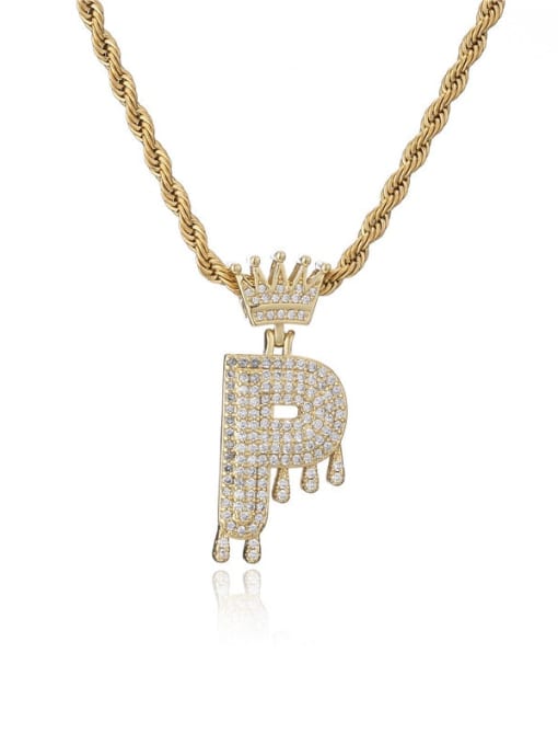 P Brass Cubic Zirconia Crown Hip Hop Letter Pendant Necklace