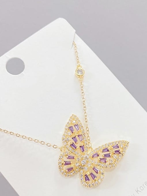 Golden Purple X653 Brass Cubic Zirconia Purple Butterfly Dainty Necklace
