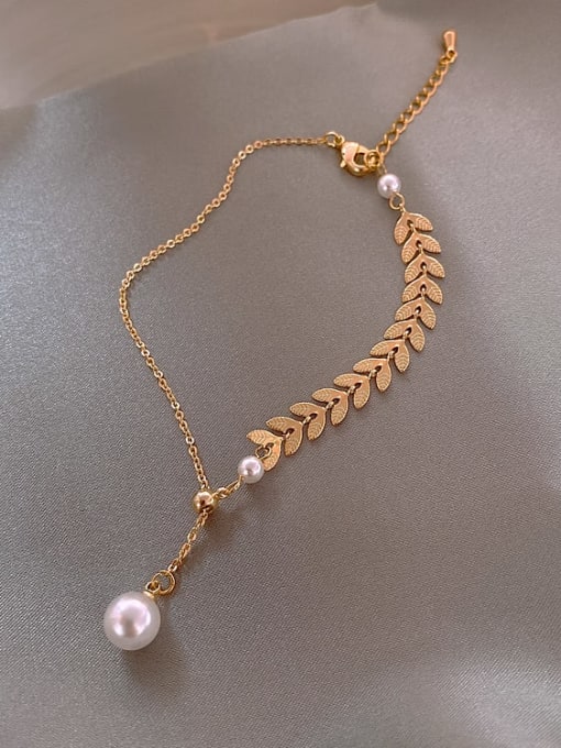 golden. (a) wheat chain Alloy Imitation Pearl Leaf Minimalist Bracelet