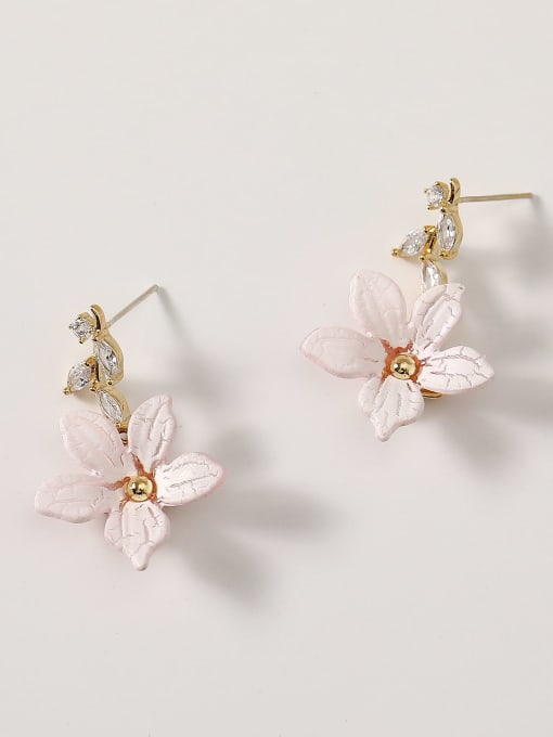 14k Gold light pink flowers Brass Enamel Flower Cute Drop Trend Korean Fashion Earring