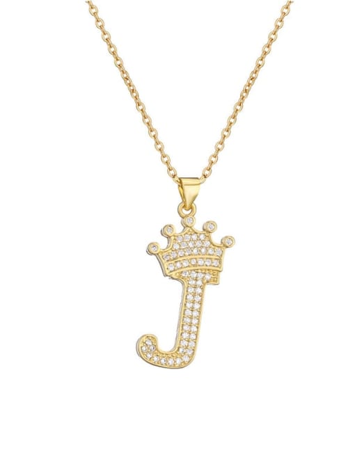 J Brass Cubic Zirconia Crown Vintage Letter Pendant Necklace