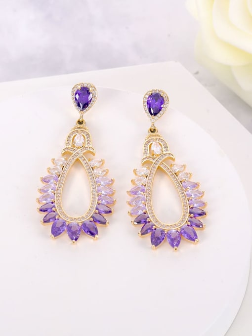 purple Brass Cubic Zirconia Water Drop Luxury Cluster Earring