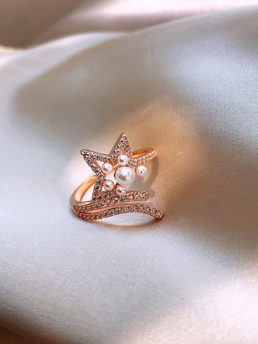 Rose Gold Alloy Imitation Pearl White Star Trend Band Ring