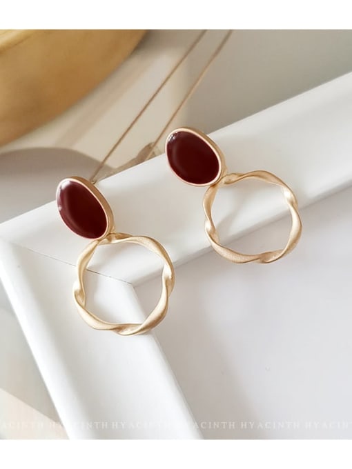 Dumb gold and dark red Copper Enamel Geometric Minimalist Drop Trend Korean Fashion Earring