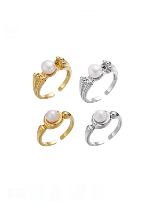 Five Color Brass Imitation Pearl Geometric Dainty Band Ring