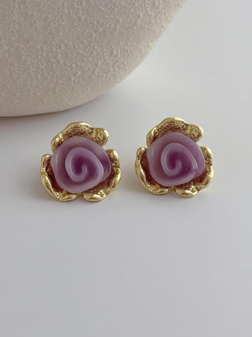 D137 Purple Brass Resin Flower Vintage Stud Earring