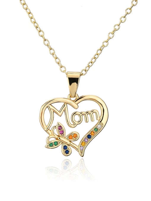 21708 Brass Cubic Zirconia Heart Dainty Letter MOM Pendant Necklace