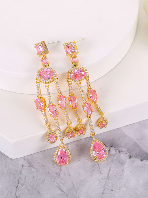 Pink Brass Cubic Zirconia Geometric Luxury Cluster Earring