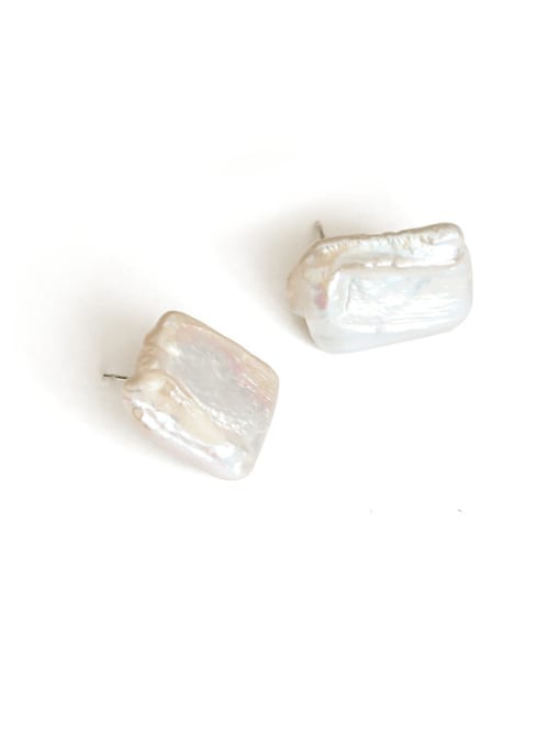 Gold Brass Freshwater Pearl Geometric Minimalist Stud Earring