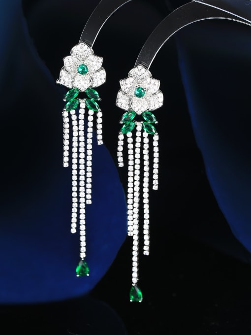 OUOU Brass Cubic Zirconia Flower Tassel Luxury Cluster Earring 0