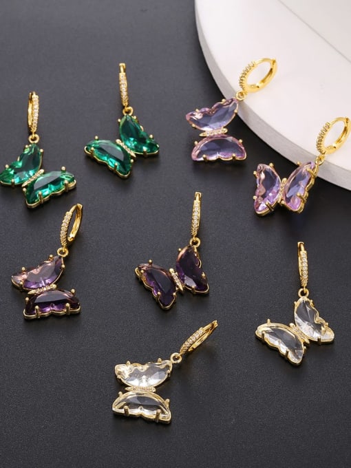 COLSW Brass Glass Stone Multi Color Butterfly Minimalist Huggie Earring