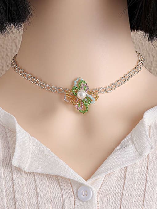 Five Color Brass Synthetic Crystal Flower Bohemia Beaded Necklace 1