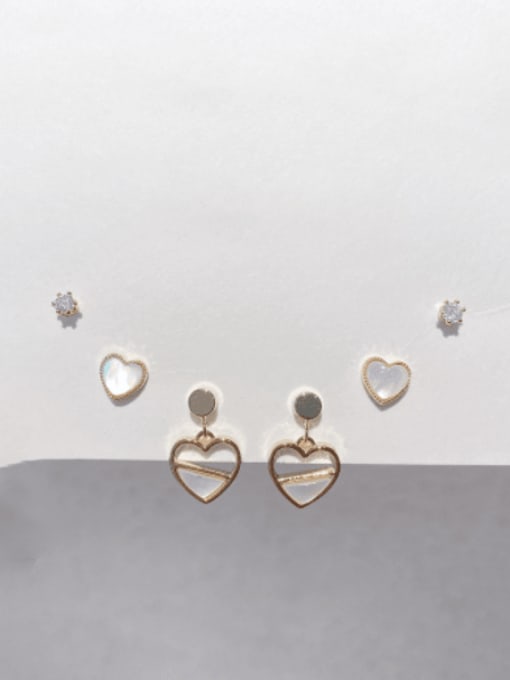 Heart Shaped Earrings Brass Shell Fashion Cute Heart-Shaped Three-piece Set  Stud Earring
